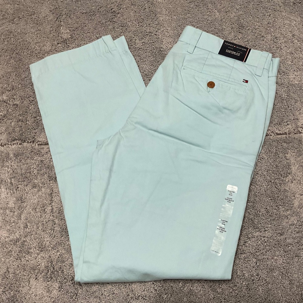 Tommy Hilfiger Mens Custom Fit Chinos Light Aqua Blue Slim Leg Pants 32x30 NEW